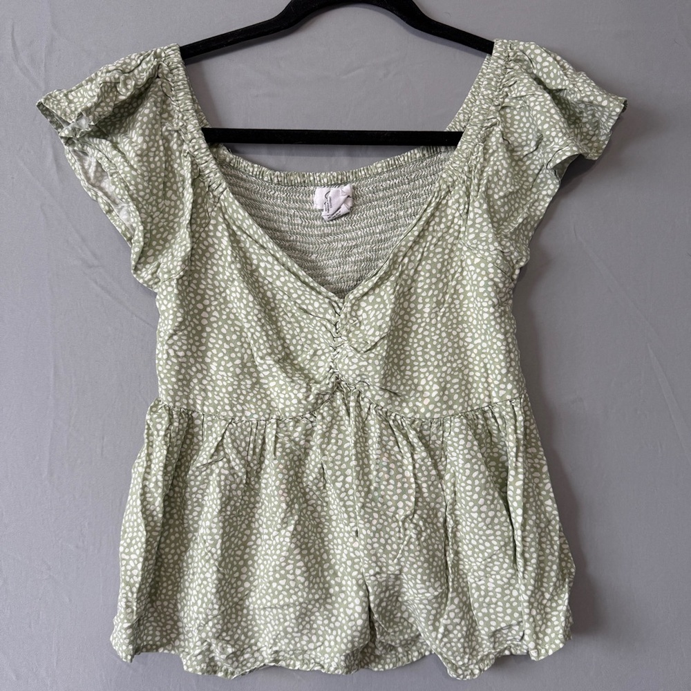 Japna Womens Babydoll Flutter Sleeve Top Size M Green Smocked Flowy Boho Chic